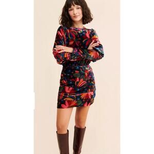 Farm Rio Banana Sky Black Long Sleeve Velvet Mini Dress - Size L